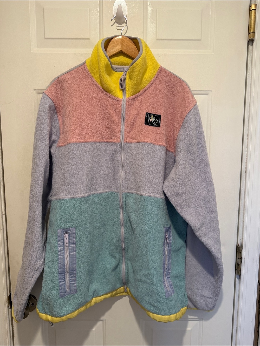 Vintage Teddy Fresh Pastel Color Block Full Zip Fleece Jacket